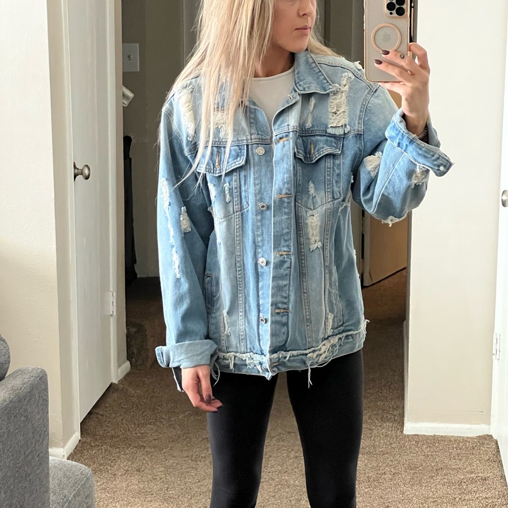 Distressed oversized denim jacket